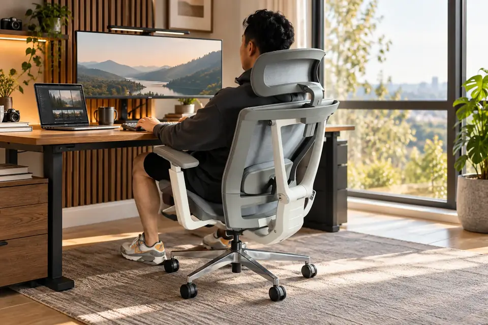 The Autonomous ErgoChair Pro at work: an office chair supporting a person's lower back
