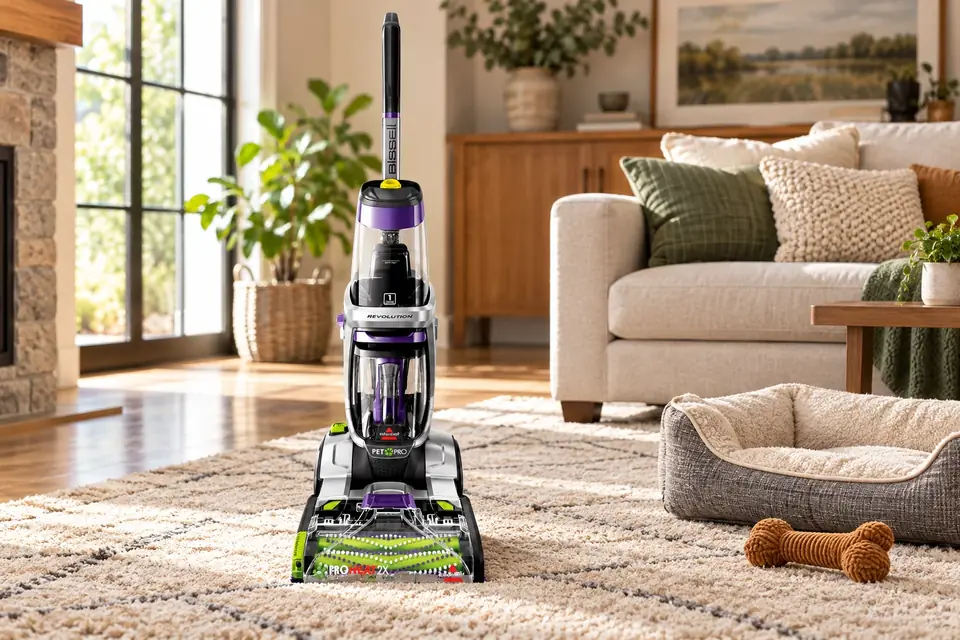 The Bissell ProHeat 2X Revolution Pet Pro at work: a carpet cleaner on a freshly cleaned rug beside a dog bed