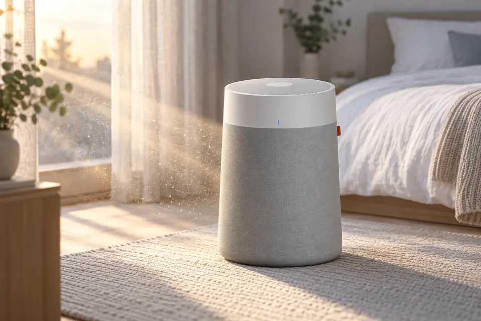 The Blueair Blue Pure 311i Max at work: an air purifier cleaning the air in a bedroom