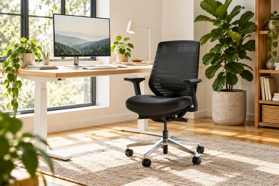 The Branch Ergonomic Chair at work: an ergonomic chair in a sunny home office