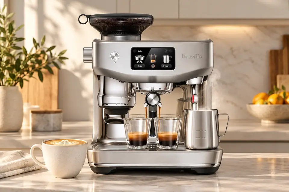 La Breville Oracle Jet en acción: una máquina de espresso vaporizando leche para un latte