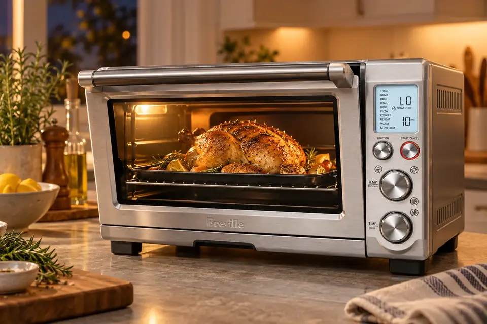 The Breville Smart Oven Pro at work: a large toaster oven with a small roast chicken inside