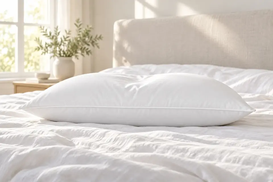 La Brooklinen Down Pillow en acción: una almohada mullida sobre una cama con sábanas de lino blanco impecable