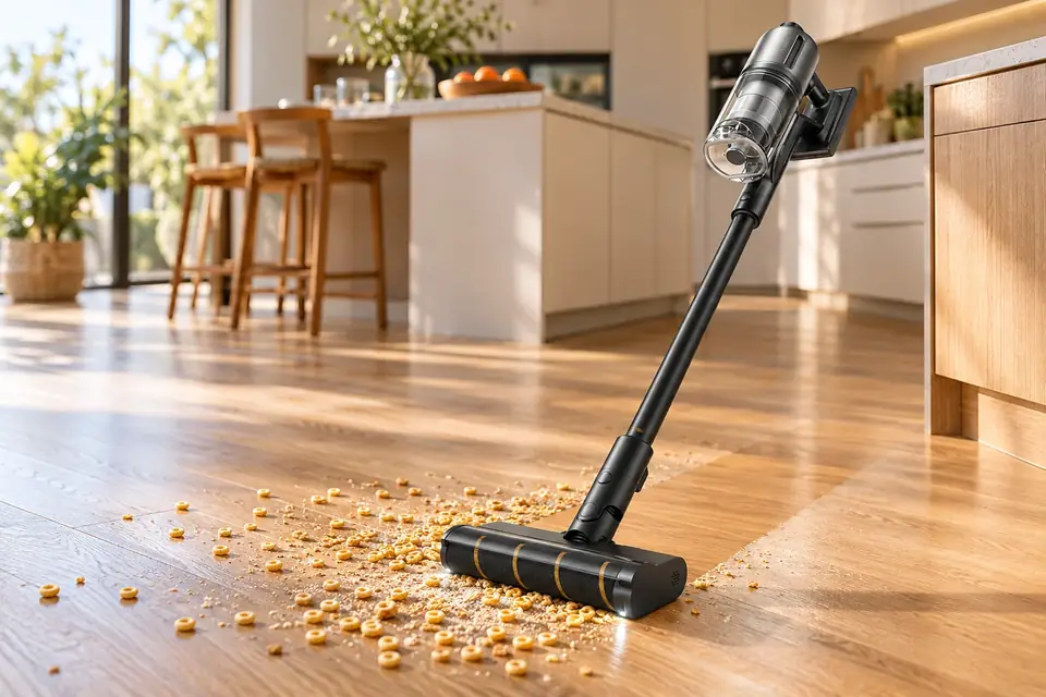 The Dreame Z30 at work: a cordless vacuum cleaning a hardwood floor