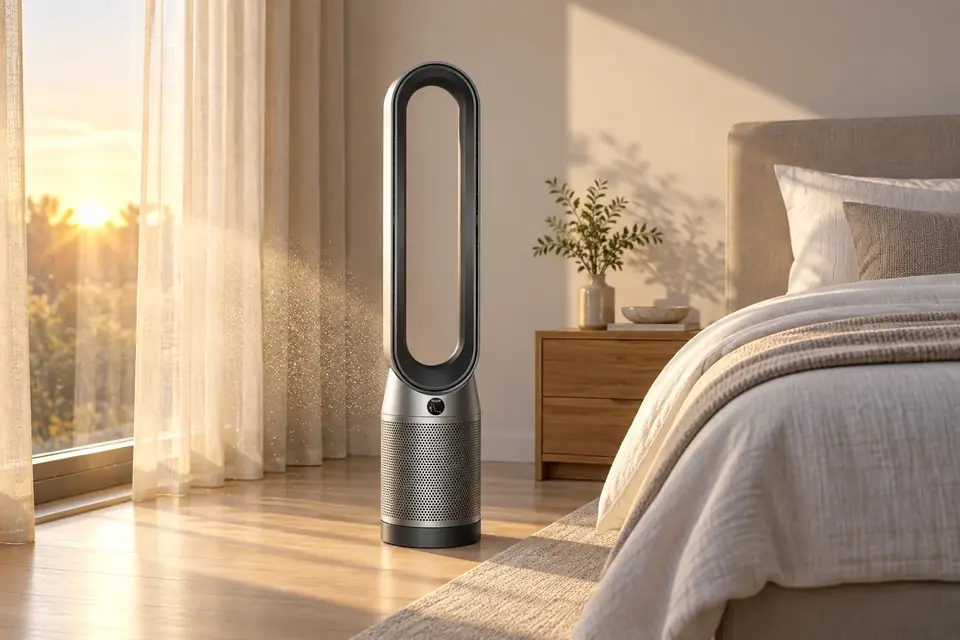 The Dyson Purifier Cool TP07 at work: an air purifier cleaning the air in a bedroom