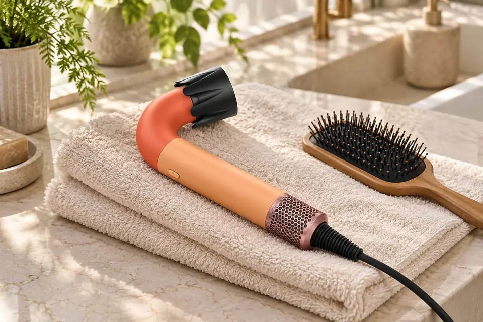 El Dyson Supersonic r en acción: un potente secador de cabello junto a un cepillo y una toalla