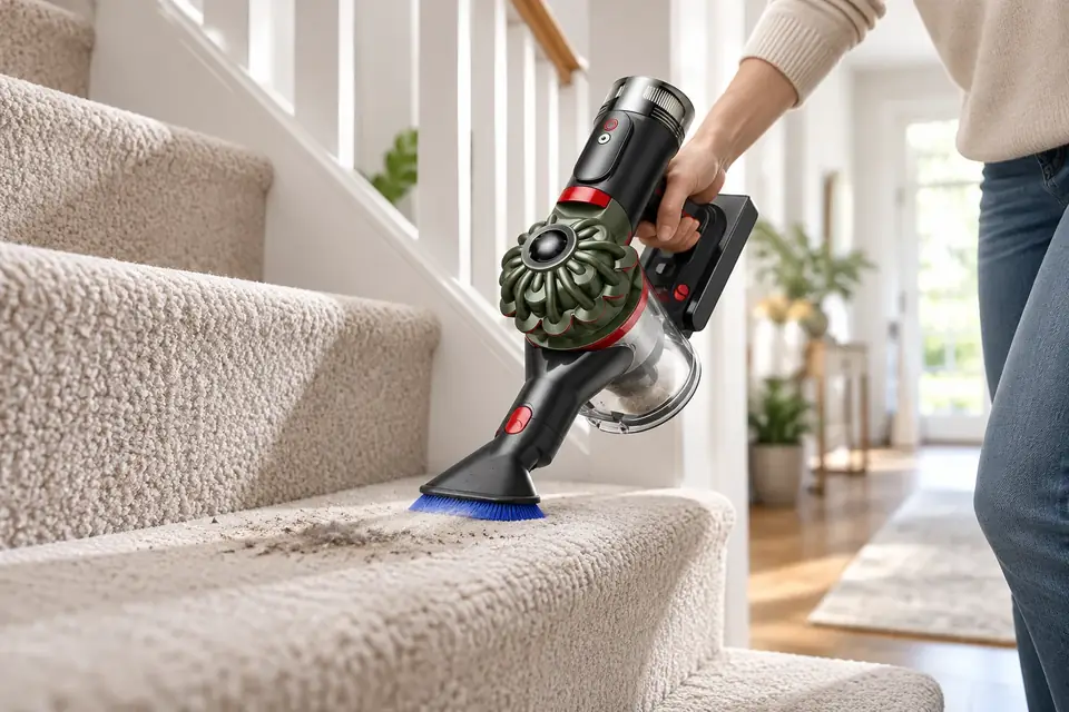 The Dyson V8 at work: a cordless vacuum in handheld mode on stairs