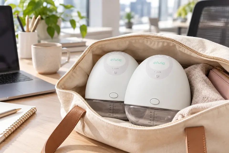 The Elvie Pump at work: a portable breast pump and bottles in an open tote bag