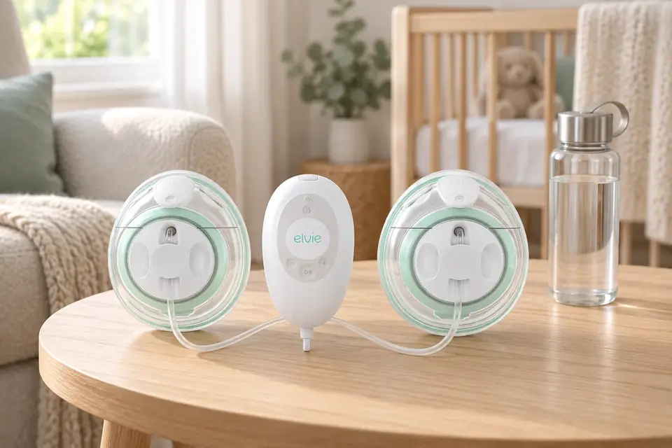 The Elvie Stride at work: a wearable breast pump and charging case on a nursery side table