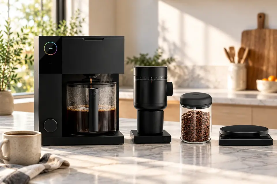 The Fellow Aiden at work: a drip coffee maker filling a glass carafe in morning light