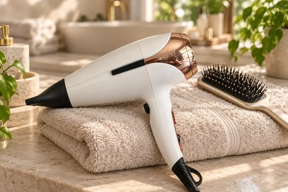 El ghd Helios en acción: un potente secador de cabello junto a un cepillo y una toalla