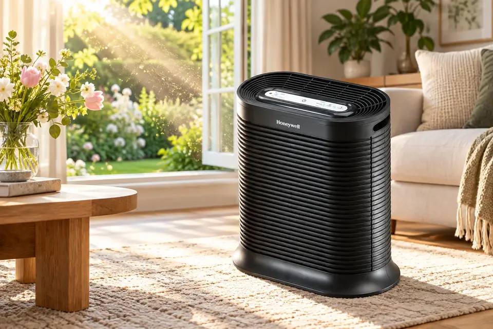 The Honeywell HPA300 at work: an air purifier clearing pollen from a sunny room