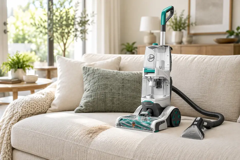 El Hoover SmartWash en acción: un limpiador portátil de manchas sobre un cojín de sofá