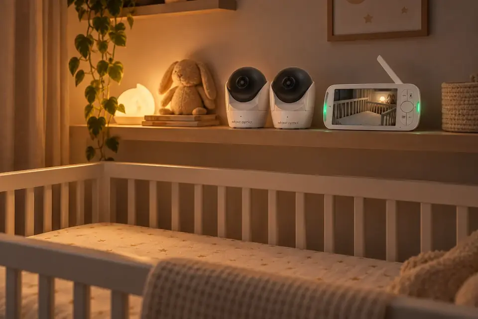 The Infant Optics DXR-8 Pro at work: a baby monitor camera above a crib at night
