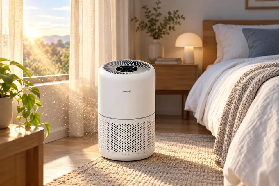 The Levoit Core 300S at work: an air purifier cleaning the air in a bedroom