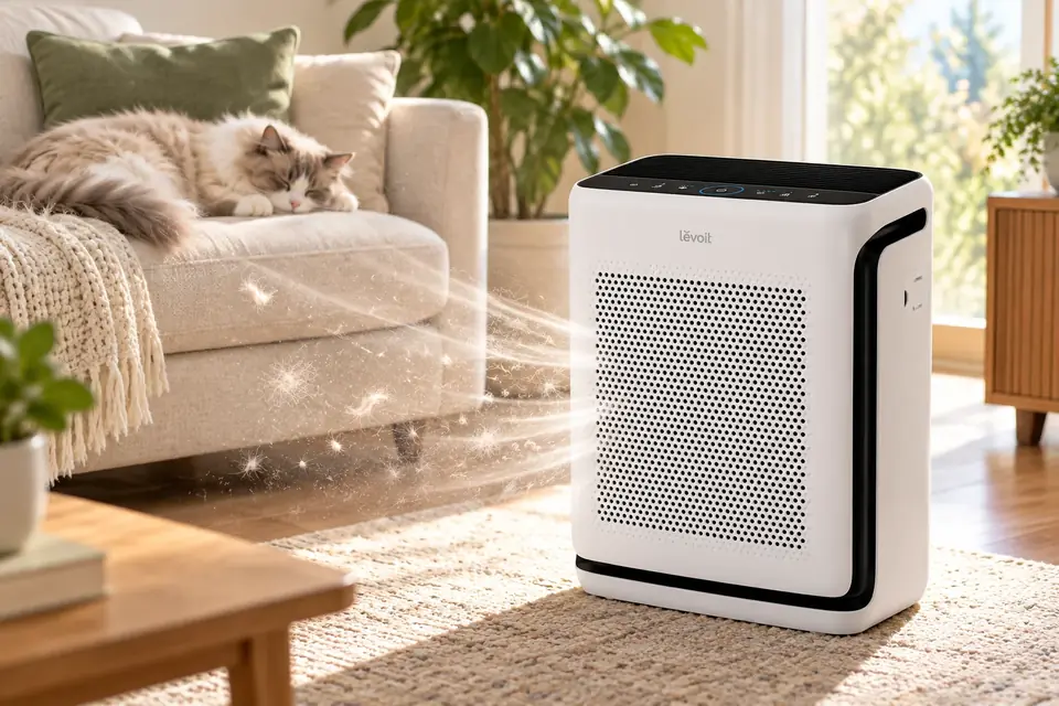 The Levoit Vital 200S at work: an air purifier drawing pet hair and dander out of the air