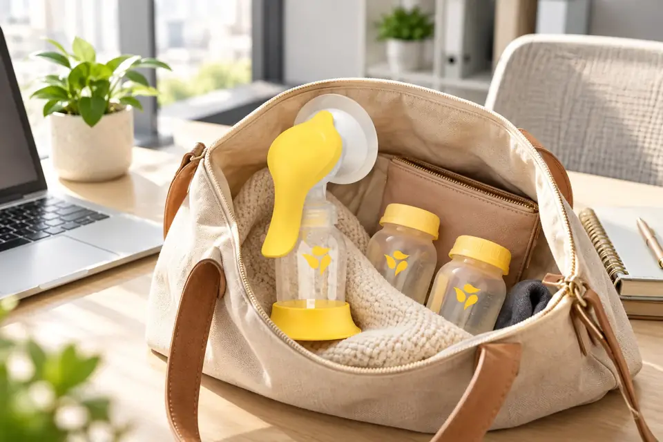 The Medela Harmony Manual Breast Pump at work: a portable breast pump and bottles in an open tote bag