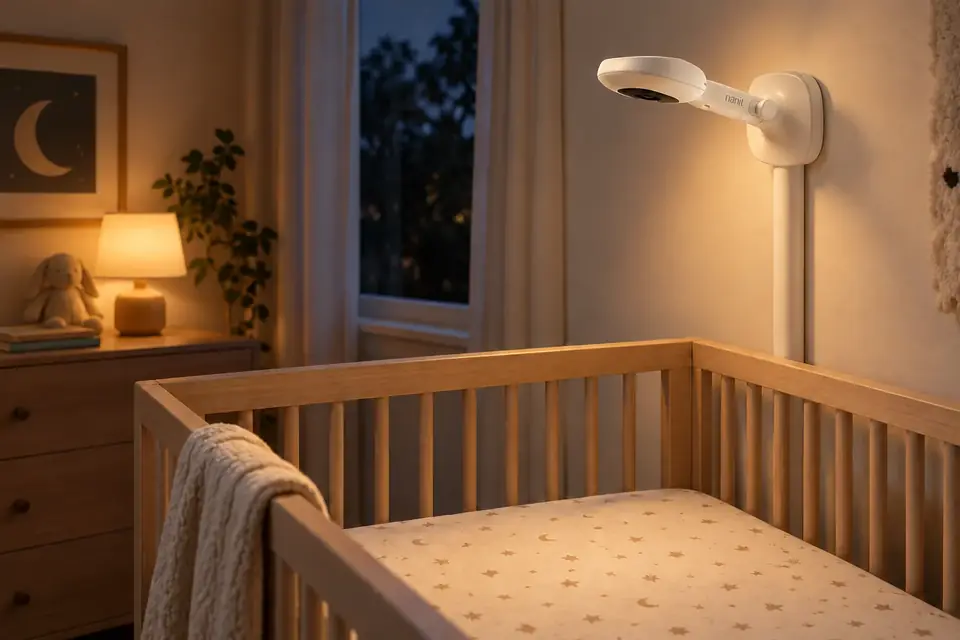 The Nanit Pro at work: a baby monitor camera above a crib at night