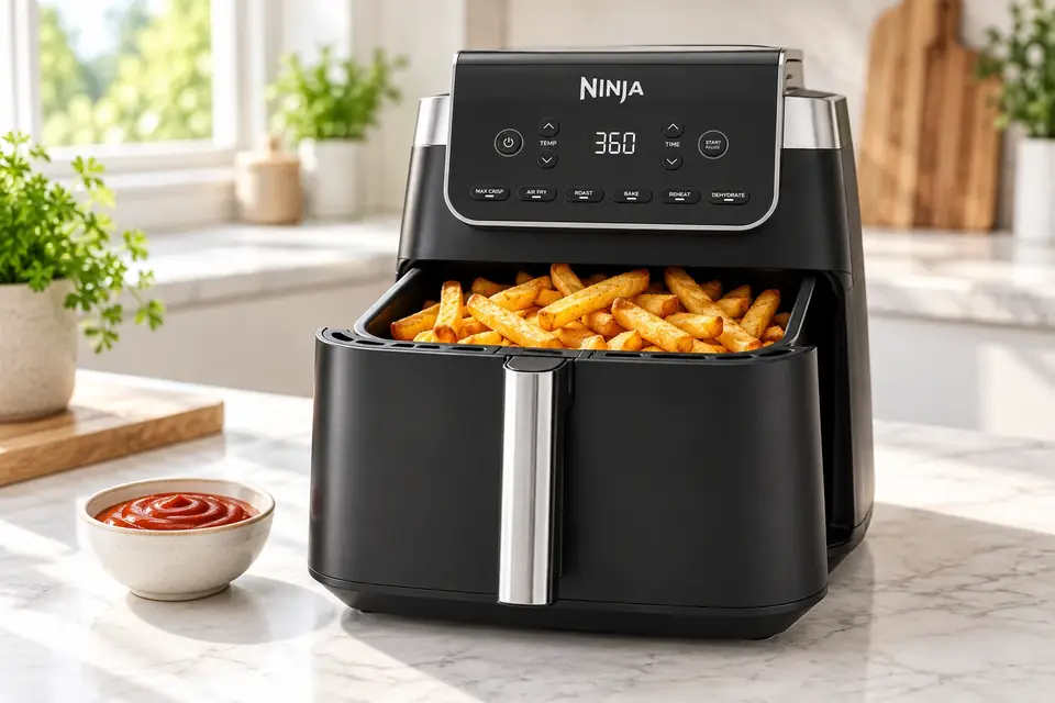 La Ninja Air Fryer Pro en acción: una canasta de freidora de aire llena de papas fritas crujientes