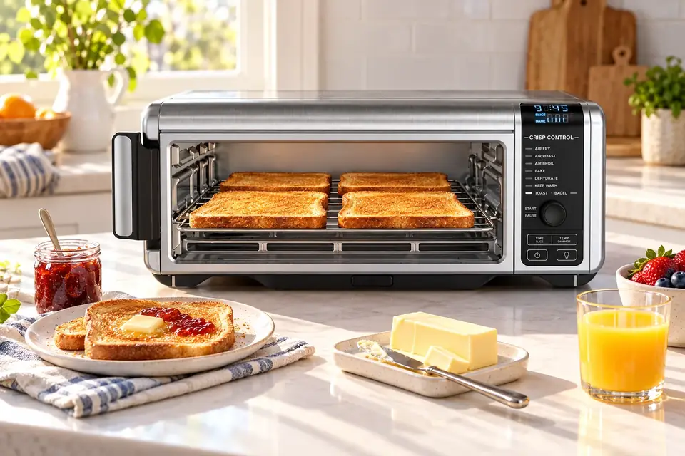 The Ninja Foodi Digital Air Fry Oven SP101 at work: a toaster oven with golden toast on its rack