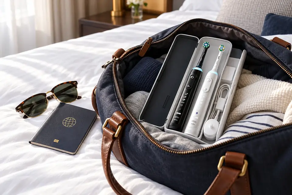 The Oral-B Genius X at work: an electric toothbrush packed in its travel case
