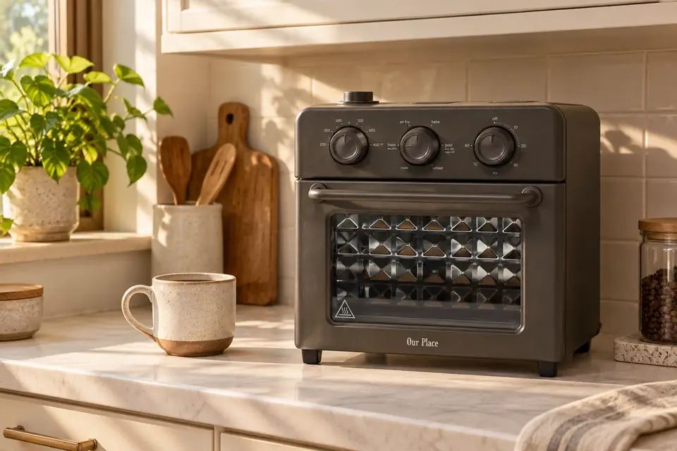 The Our Place Wonder Oven at work: a compact toaster oven under a kitchen cabinet