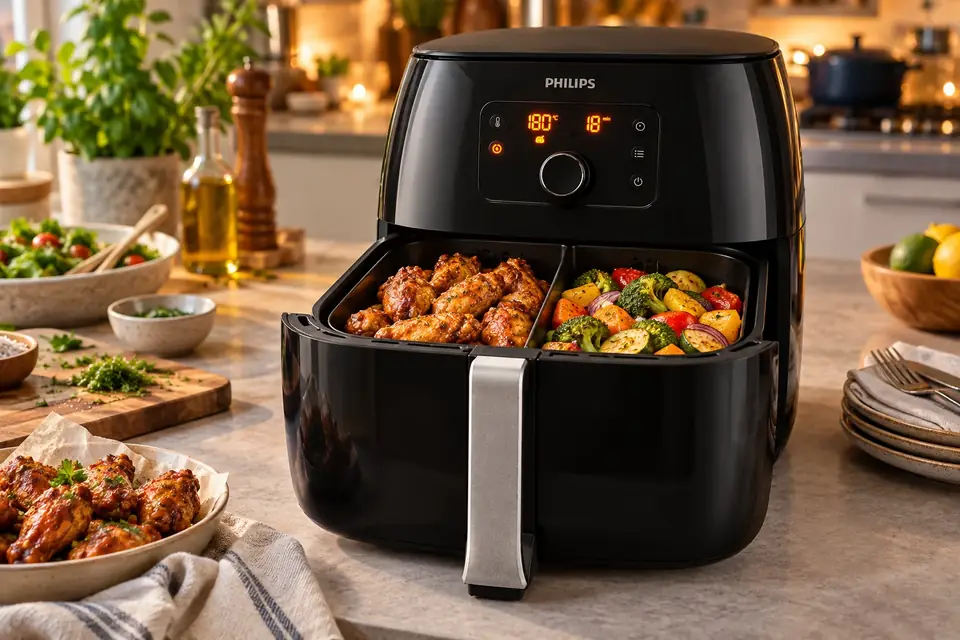 The Philips Premium Airfryer XXL at work: a two-basket air fryer with wings and vegetables