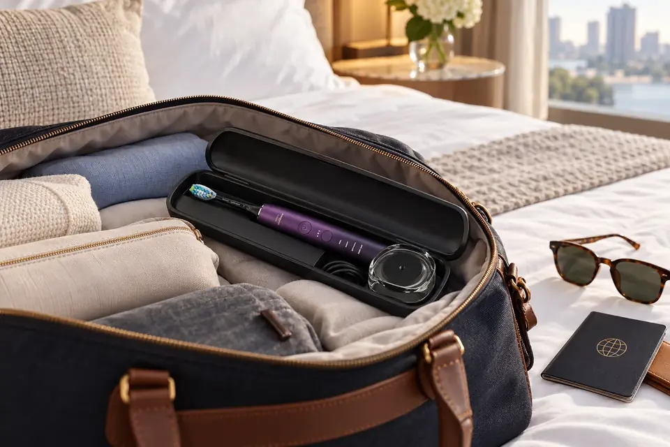 El Philips Sonicare DiamondClean 9000 en acción: un cepillo de dientes eléctrico guardado en su estuche de viaje
