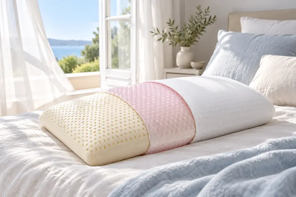The Purple Harmony Pillow at work: a pillow with a breathable cover by an open window