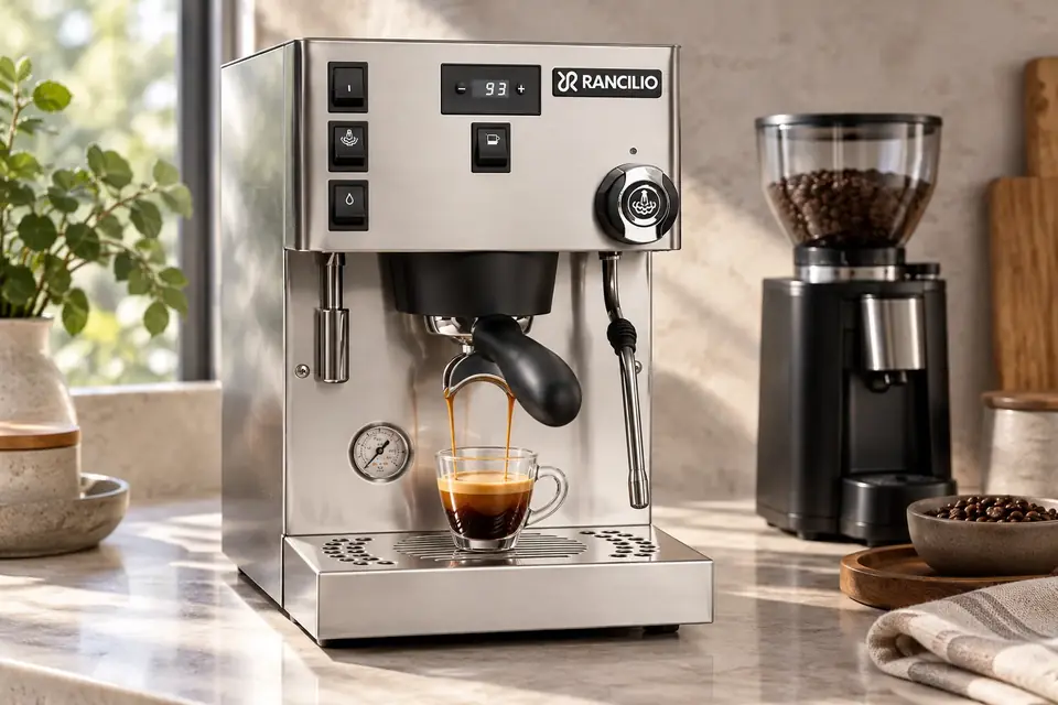 The Rancilio Silvia Pro X at work: an espresso machine pulling a shot with crema