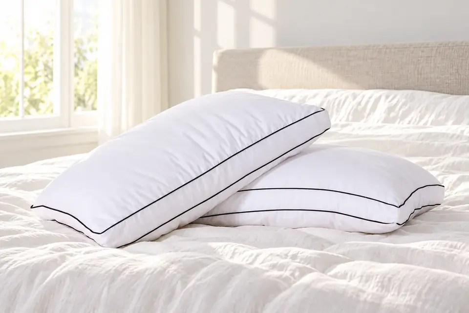 The Saatva Latex Pillow at work: a plush pillow on a bed made with crisp white linen
