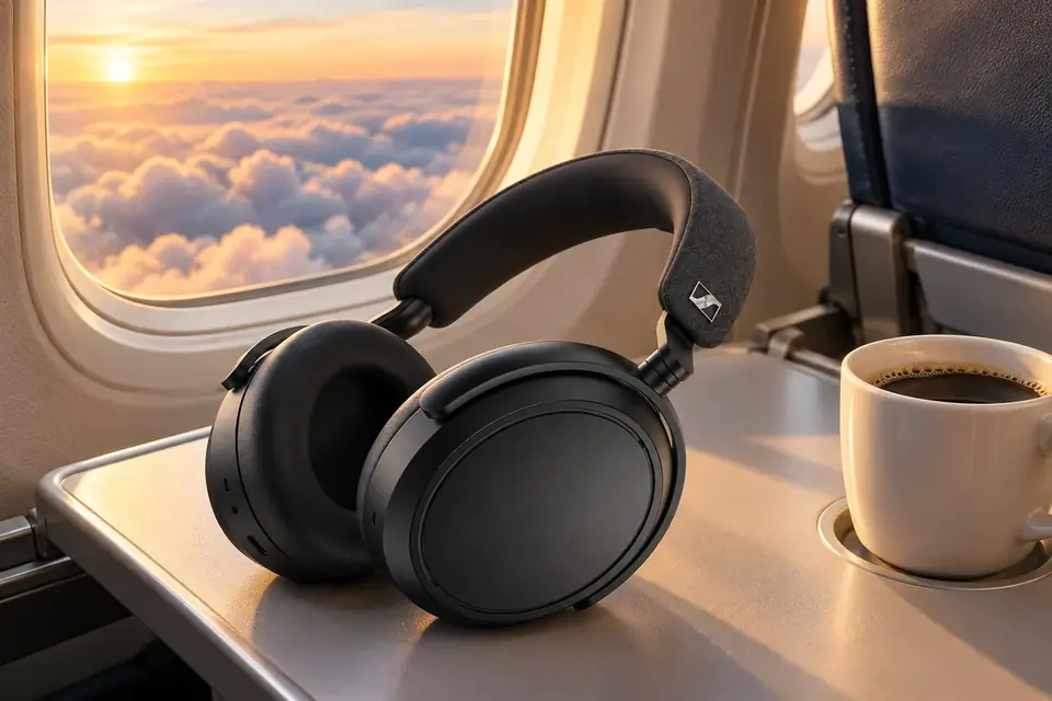 The Sennheiser Momentum 4 Wireless at work: noise cancelling headphones on an airplane tray table