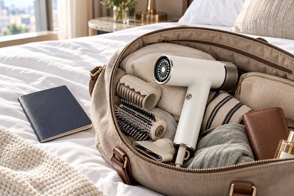 The Shark SpeedStyle at work: a compact folding hair dryer packed in a weekend bag