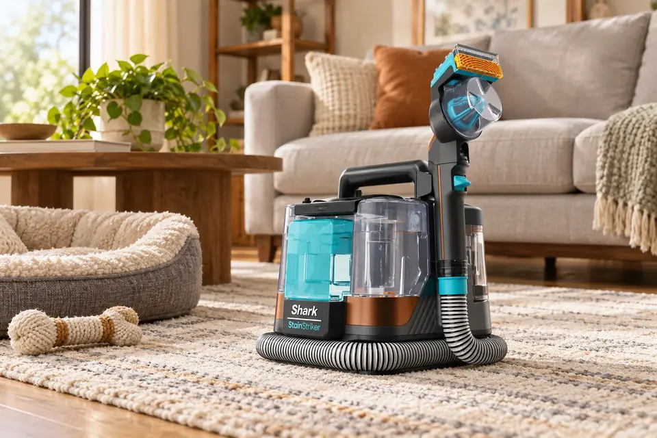 The Shark StainStriker at work: a carpet cleaner on a freshly cleaned rug beside a dog bed