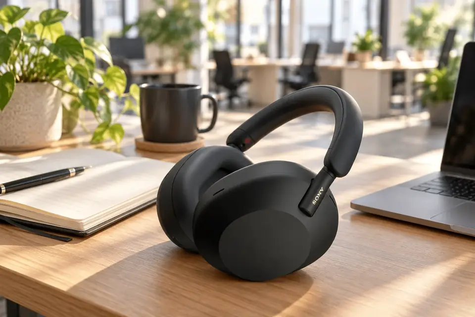 The Sony WH-1000XM5 at work: noise cancelling headphones on a desk in a busy office