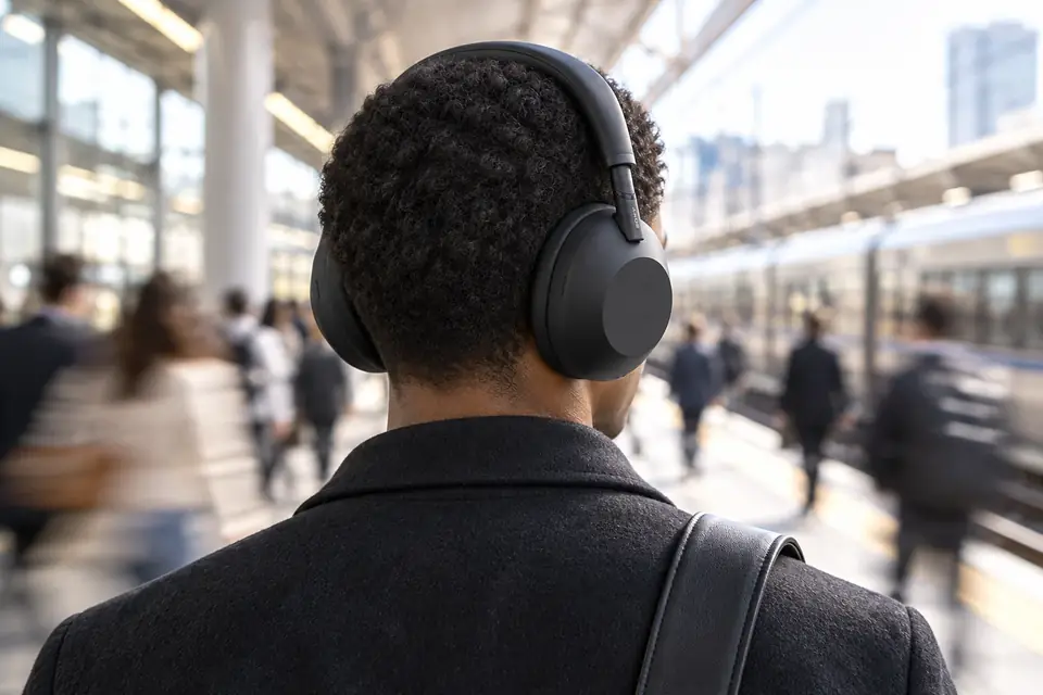 The Sony WH-1000XM6 at work: a commuter wearing noise cancelling headphones on a train platform