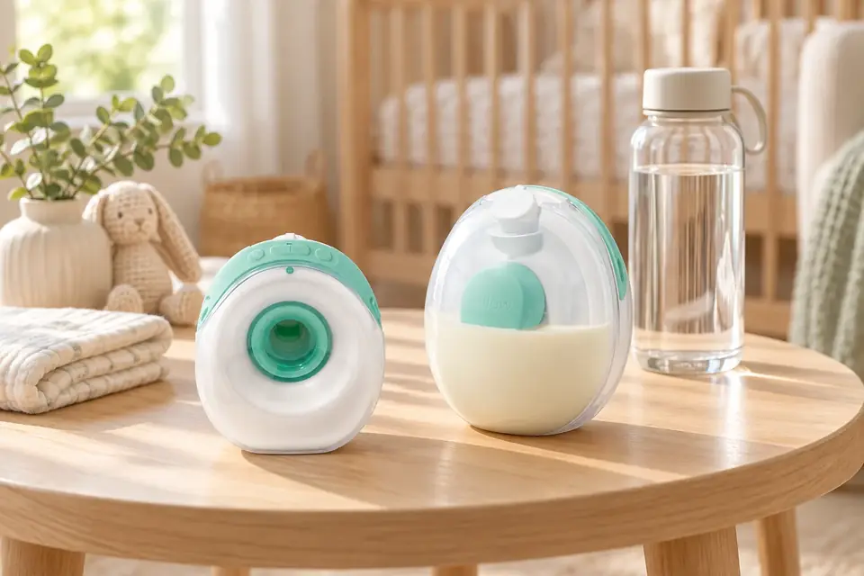 The Willow Go at work: a wearable breast pump and charging case on a nursery side table